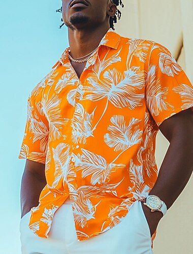 Men's Leaf Tropical Summer Hawaiian Shirt Aloha Shirt Short Sleeve Hawaiian Vacation Summer Spring Turndown Button Up White Blue Orange Green