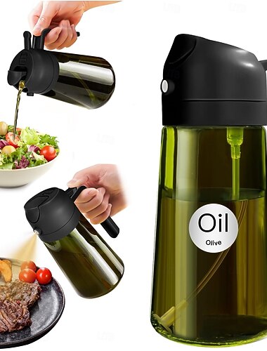 Pulverizador de aceite oscuro que bloquea la luz de 16 oz/470 ml para cocinar, botella dispensadora de aceite de oliva 2 en 1 para cocina, botella de aceite de vidrio verde oscuro de primera calidad,
