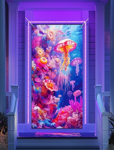 Schwarzlicht Türdekorationen Türabdeckungen Leuchtet im Dunkeln Ozean Quallen Tür Wandteppich Türvorhang Dekoration Hintergrund Innen/Außen Türbanner für Haustür Farmhaus