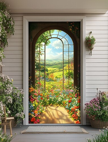 Maisema Ovi Koristeet Ovi Peitteet Kukat Ikkuna Ovi Gobeliini Ovi Verho Koriste Taustakuva Sisä-/Ulkokäyttöön Ovi Banneri Etuovelle Maalaistalo