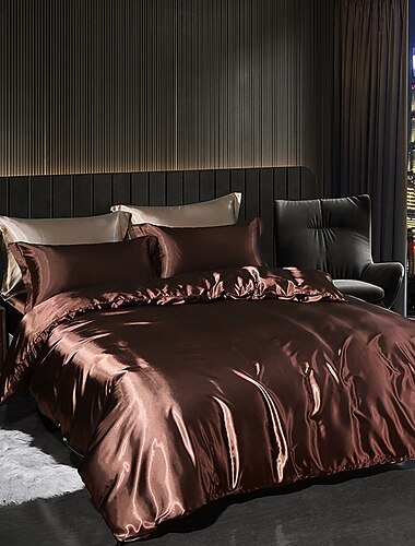 Set de lenjerie de pat din satin 4 piese cu cearceafuri cu elastic huse pentru duvet confortere de vara cu culoare solidă 2 fețe de pernă