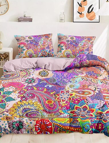 Juego de Funda de Edredón Bohemio 100% Algodón Suave y Transpirable Ropa de Cama con Flores Coloridas Cobertura Ligera y Duradera Confortable para Todas las Temporadas Fácil de Cuidar