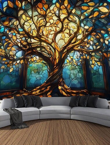Baum des Lebens Hängender Wandteppich Wandkunst Großer Wandteppich Wanddekor Fotografie Hintergrund Decke Vorhang Haus Schlafzimmer Wohnzimmer Dekoration Buntglas Kathedrale
