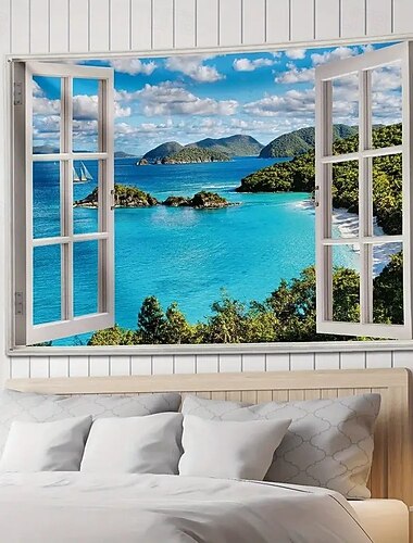 Táj Óceán Ablak Nézet Függő Takaró Fali Művészet Nagy Takaró Falfestmény Dekoráció Fénykép Háttér Takaró Függöny Otthon Hálószoba Nappali Dekoráció