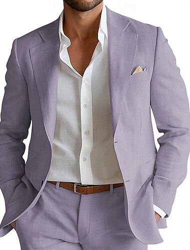 男性用 タキシード リネンスーツ ビーチウェディング カジュアル セージグリーン ライラック 春、夏、秋、冬 スーツ ライトウェイト ソリッド スタンダードフィット 2点セット シングルブレスト 一つボタン