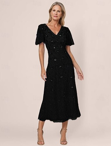 Korálková A-line šaty matky nevěsty svatba elegantní vintage V výstřih floor length krajka krátký rukáv s krajkou flitry