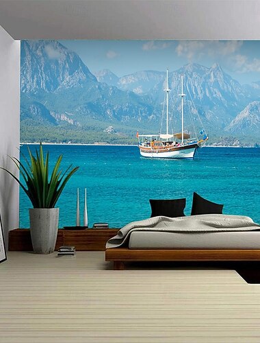 Tapițerie Peisaj Ocean Suspendată Artă de Perete Tapițerie Mare Decor Murale Fotografie Fundal Plaid Cortină Acasă Dormitor Salon Decorare Barcă Navigând