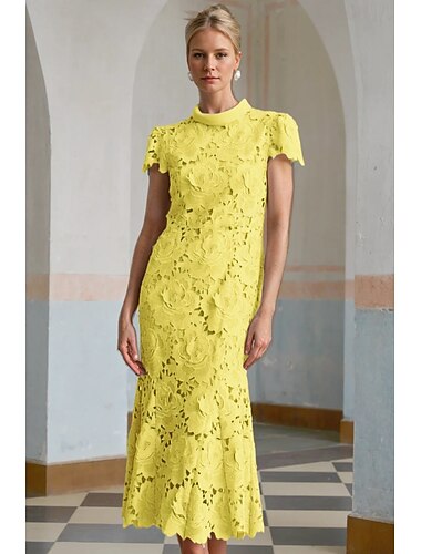 Funda Columna Hasta el Tobillo Vestidos de coctel Vestidos de fiesta Elegante Vintage Manga Corta Escote Chino Boda Formal Encaje con Abertura Bordados