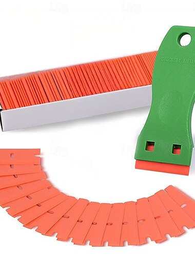 Raspador de lâmina de barbear de plástico e 100 lâminas, ferramenta para remover decalques de etiquetas, para raspador de lâmina de barbear de plástico sem arranhões, removedor de adesivo para