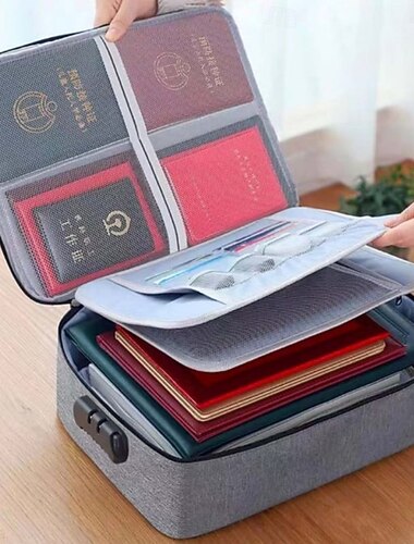 Sikker oppbevaringsboks med lås, multifunksjonell dokumentorganiseringsveske for sertifikater, husholdningsfiler, pass, eiendomsskjøter, forretningslisenser, ID- og segloppbevaringsetui