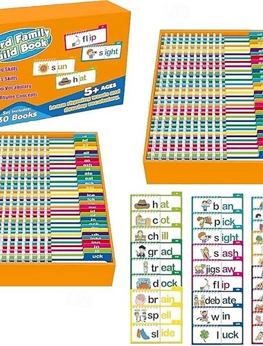 30 flip books de leitura e rima, sons de letras &cartões de memória com famílias de palavras, jogos de aprendizagem de fonética, prática de palavras visuais, atividade de alfabetização inicial,