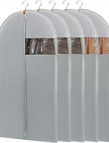 Lot de 5 housses à vêtements pour suspendre les vêtements, housses pour costumes pour le rangement dans les placards et les voyages, housses grises pour costumes avec fenêtre transparente pour manteaux, vestes et chemises
