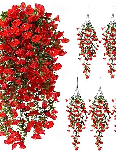 5 buc flori artificiale agățate de glorie de dimineață pentru exterior, petunii artificiale rezistente la UV, mătase falsă, viță de vie lungă, eucalipt, glorie de dimineață, pentru exterior, jardinier de interior, verandă, combinație de decor pentru casă.