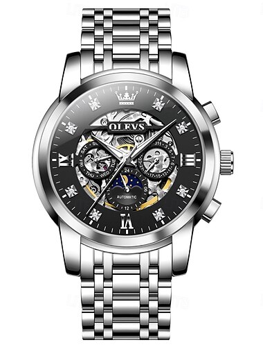 OLEVS Orologio meccanico da uomo grande quadrante di lusso scheletro cavo auto-ricaricante orologio da polso in acciaio Luminous con fase lunare