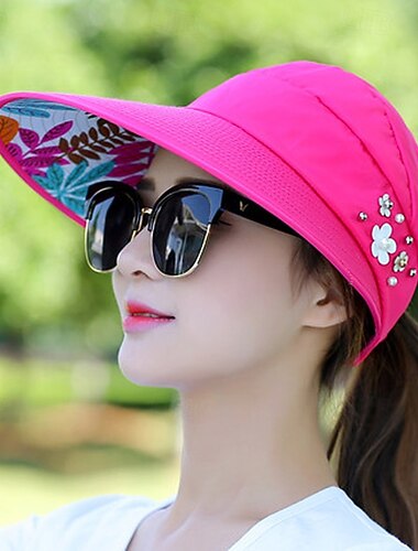 Summer Foldable Sunscreen Hat Wide Brim Women Solid Color Beads Flower Decor Sun Hat Visors Outdoor Sports Cap