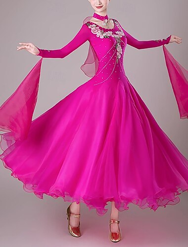 Danse de Salon Robe Broderie Épissage Cristaux / Strass Femmes Performance Soirée manche longue Spandex Organza