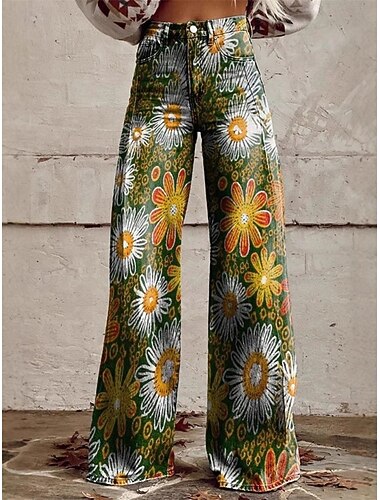 Retro vintage Boho Jaren '70 Broeken Broek met wijde pijpen Hippie Schijf Hoge taille Bloemig Madeliefje Faux Jeans Stijl Kostuum Dames Carnaval Casual / Dagelijks muziekfestival Retro themafeest