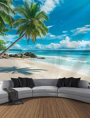 strand hav kokospalmer havsutsikt soluppgång landskap gobeläng dekorativ konst matta gardin hängande hem sovrum vardagsrum dekoration