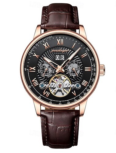 Automatische mechanische Hohl-Uhr Luxus wasserdicht Datum&Woche Leder Mode Herren Uhr Business Herren Uhr Freizeit