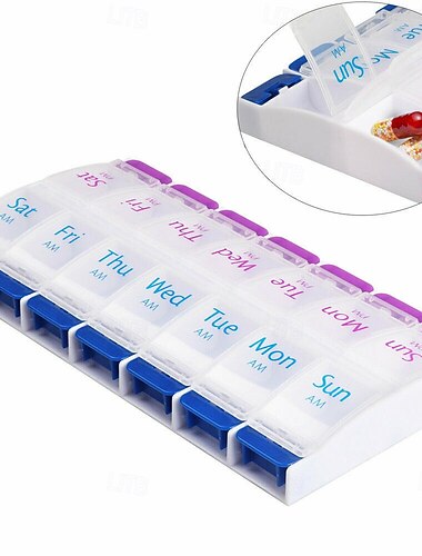 Pilulier quotidien, planificateur hebdomadaire de médicaments sur 7 jours, matin et soir, grand plateau à 14 compartiments pour médicaments, vitamines, suppléments, huile de poisson