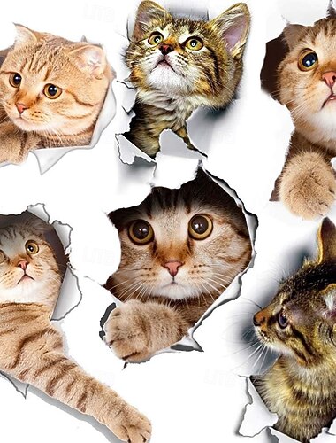 6 Stück 3D-Wandaufkleber mit Katzen, selbstklebende Wandaufkleber/abnehmbare Vinyl-Kunst-Wandbilder für Wohnzimmer, Schlafzimmer, Toilette, Hauswand, DIY-Dekoration