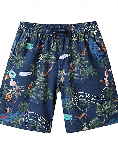 בגדי ריקוד גברים שורטים מכנסי חוף שרוך גראפי עלה עֵץ ייבוש מהיר חוץ באורך הברך בָּחוּץ חופשה בית חופשה סגנון אתני לבן&כחול כחול כהה מיקרו-אלסטי