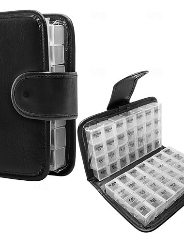 14 päivän pillerijärjestäjä PU-matkakotelolla, viikoittainen aamu-/iltapäiväpillerirasia, 56 lokeroa, kannettava lääkesäiliö päivä- ja yöpillereille