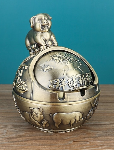 Vintage askfat med lock, kinesisk zodiak 12 djurtecken dekorativt täckt askfat, vindtät skrivbordsdekoration för hemmakontor vardagsrum