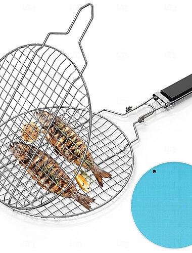 Ronde draagbare barbecuegrillmand, roestvrijstalen visgrillrek met afneembare, veilige vergrendelingshendel, grillaccessoires voor buitengrillgroenten, vissen en garnalen