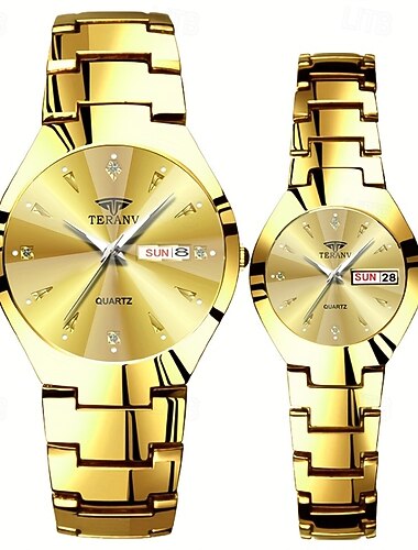 Two Round Dial Luminous Couple Watch Ipx7 Waterproof Quartz Watch Calendar Date Fashion Stainless Steel Business Watch For Women Men Dating Valentine'S Day Gift Watch