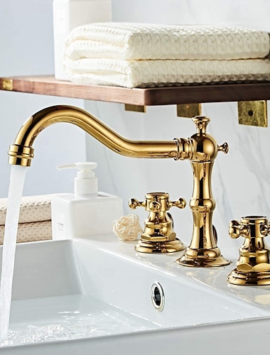  Baterie antică din cupru pentru chiuvetă de baie, larg răspândit, negru, larg răspândit, două mânere, robinete de baie cu trei găuri cu comutator cald și rece