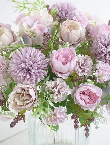 人工ローズシルクフラワー1束、フォーク状のマルチヘッドの小さな花束、自宅のテーブルの花瓶の装飾用のフェイクドライフラワーアレンジメント