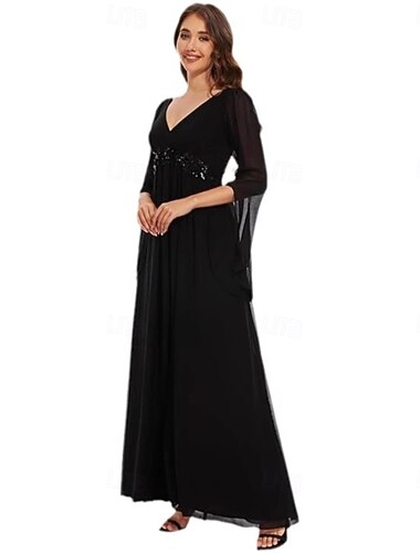 Vestido Mãe da Noiva A-Line Elegante Simples Decote em V Comprimento Total Chiffon Manga Longa com Pregas Cor Sólida