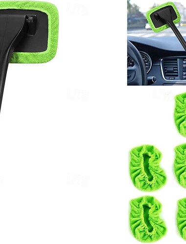 Rengjøringsverktøy for bilrute frontrute med 5 vaskbare og gjenbrukbare mikrofiberputer og uttrekkbart håndtak for bilrutevisker