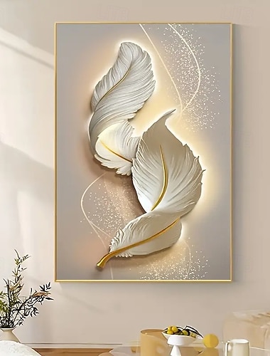 Élégant grand art sur toile sans cadre - plumes blanches sereines avec des accents dorés décoration murale abstraite moderne décoration de chambre pour salon et chambre