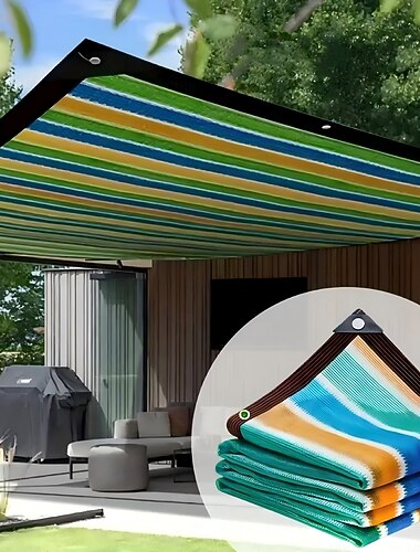 Zonneschermnet, ademend, kleurrijk gestreept en duurzaam plastic zonneschermdoek met hoge dichtheid voor terras, picknick, carport, tuin, veranda luifel