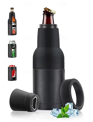 Ölflask- och burkkylare, vakuumisolerad ölhållare i rostfritt stål med öppnare, passar smala burkar och flaskor, dubbelväggig dryckeskylare, present till män, midnattssvart
