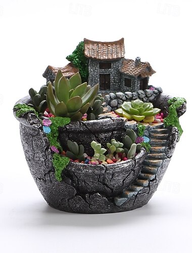 1 buc. ghiveci magic pentru grădină - design de casă de zâne fantastică cu pereți de piatră, scări, flori colorate, suculente și ghivece de flori din rășină, mini recipiente peisagistice pentru decor
