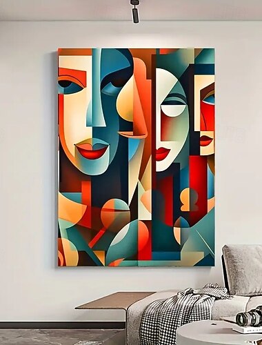 Tela de arte de parede cubista moderna de uma peça, sem moldura, pintura geométrica abstrata, arte moderna, sem moldura, adequada para decoração de sala de estar e quarto