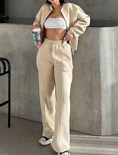 Mulheres Moletom Calças Esportivas Trajes de lazer Zip Up Bolsos Cor Sólida Conjuntos Outono & inverno Preto Branco Academia Treinamento Corrida Cintura Alta A Prova de Vento Leve Pavio Humido Manga