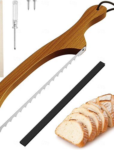 Brotmesser für selbstgebackenes Brot, Walnuss-Bogenbrotschneider mit ultra-scharfer gezackter Klinge aus rostfreiem Stahl, Sauerteigbrotmesser für Bagels, Baguettes und rustikale Brote – Walnussfarbe