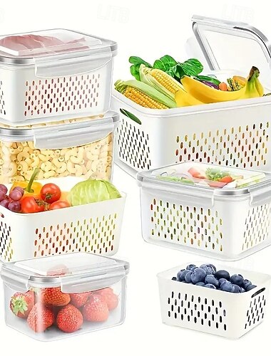 Pachet de 6 recipiente pentru depozitarea alimentelor din polipropilenă, fără BPA, cu capace, organizatoare pentru frigider, stivuibile, cu tavă de scurgere pentru fructe, legume și produse uscate,