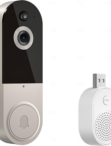 Sonerie video inteligentă cu sonerie wireless, cameră cu vedere nocturnă, audio bidirecțional (T50 bej (include sonerie Dingdong, cablu USB))