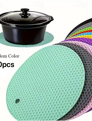 10 Stück multifunktionale, runde, hitzebeständige Silikonmatten, rutschfeste Untersetzer und Untersetzer, Tischschoner für Küche, Esszimmer, Picknick, zufällige Farben