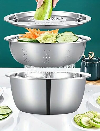 3-delige roestvrijstalen keukenset met geïntegreerde molen, multifunctionele zeef en mengkom, voedselveilig met afvoersysteem, ideaal voor het reinigen en snijden van fruit, groenten en kaas, perfect