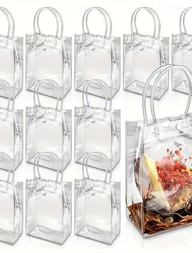 30 durchsichtige Geschenktüten aus PVC mit Griffen, wiederverwendbare transparente Tragetaschen aus Kunststoff für Partygeschenke, Hochzeiten, Süßigkeiten, Geburtstage, Feiertage, Einkäufe und