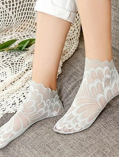 5足セット 素晴らしいクリスタルピーコックソックス 通気性 レース アンクルソックス レディース 透け感メッシュ フェザートリム 滑り止め ショート キュート ローカットソックス