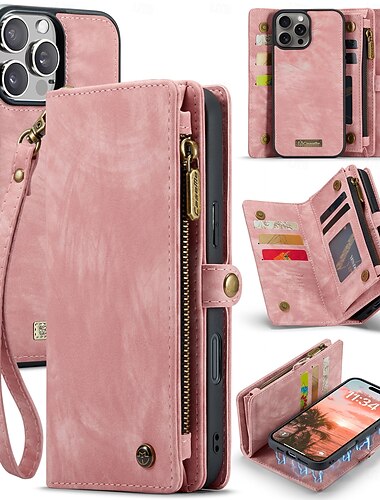 Phone Case For iPhone 16 15 14 Pro Max Plus 16e 13 Pro Max Mini Wallet Case Detachable Zipper with Wrist Strap TPU PU Leather