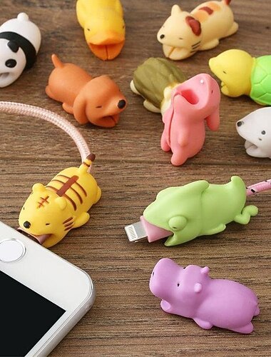 5 protectores de cable con diseño de animales de dibujos animados para cargadores de teléfono, protectores decorativos de silicona para cables de datos USB de iPhone.
