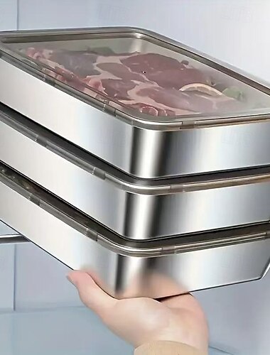 Juego de 3 recipientes de acero inoxidable para almacenar alimentos, sin BPA, reutilizables, fáciles de limpiar, diseño apilable para frutas, carnes, verduras, refrigeradores y despensas.